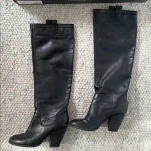 Black leather knee high, heeled boots size 8.5